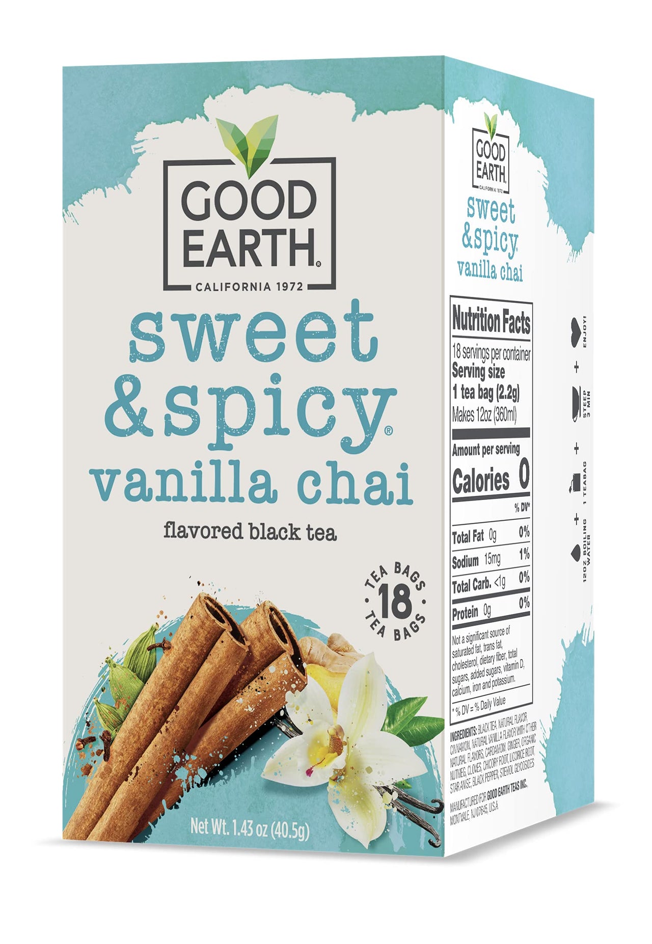 Good Earth Sweet & Spicy, Vanilla Chai Black Tea, 18 Tea Bags (Pack of 6)