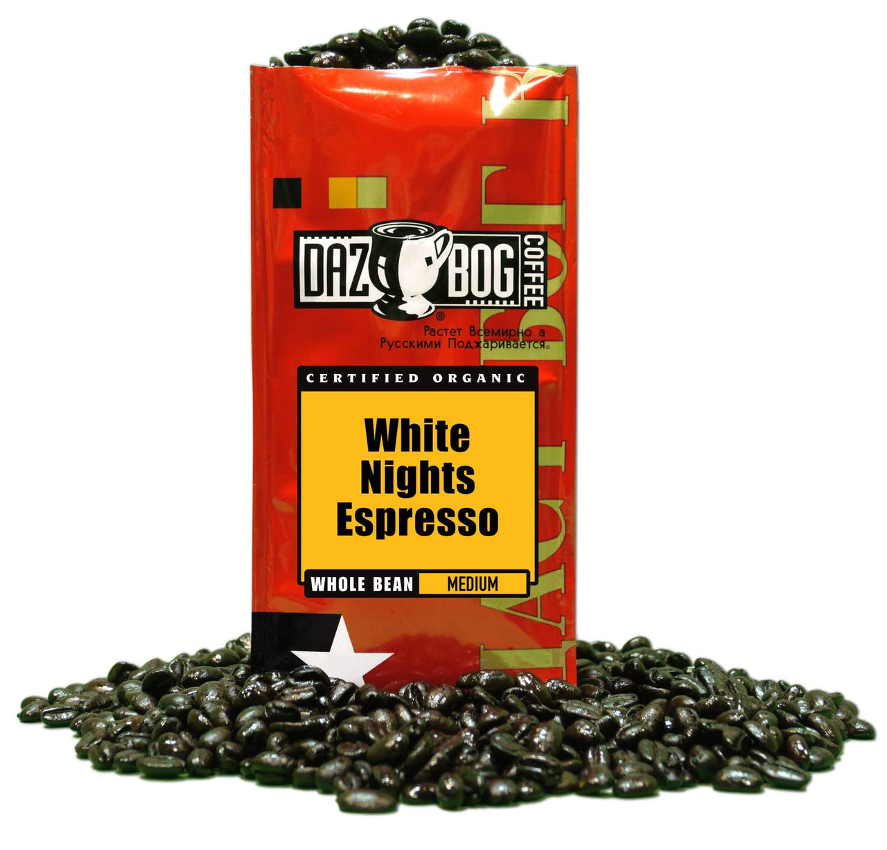 Dazbog Coffee | Organic White Nights Espresso Blend | Whole Bean Coffee | 11 oz. | Thick, Rich & Creamy Start | Deep, Well Rounded Flavor | Vacuum Sealed Freshness, 1