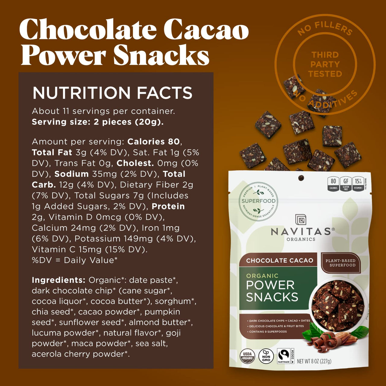Navitas Organics Superfood Power Snacks, Chocolate Cacao, 8 oz. Bag, 11 Servings  Organic, Non-GMO, Gluten-Free
