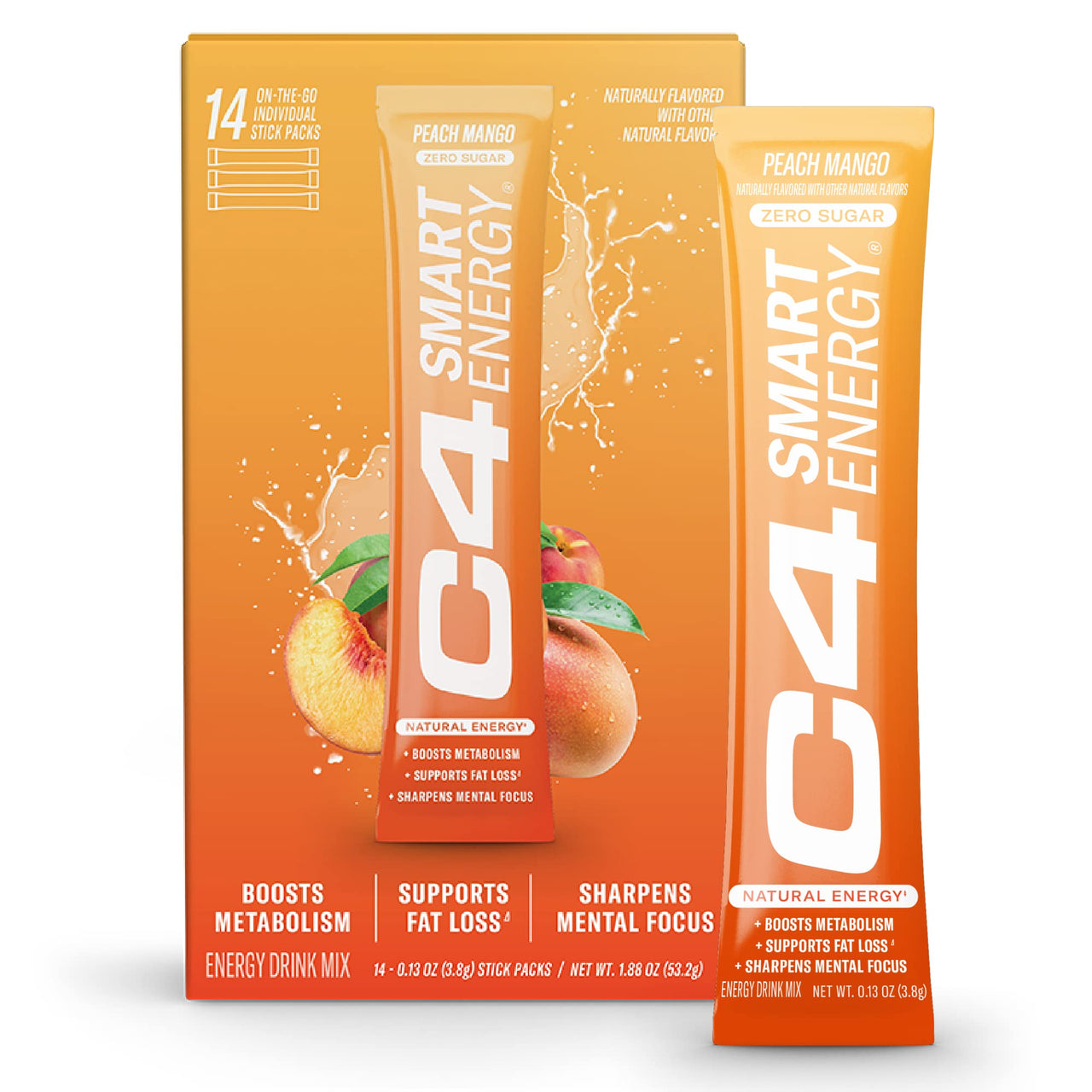 C4 Smart Energy Powder On-the-Go Stick Pack - Sugar Free Performance Fuel & Nootropic Brain Booster, Coffee Substitute or Alternative | Peach Mango - 14 Count