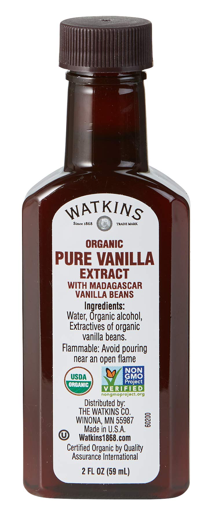 Watkins Organic Pure Vanilla Extract, with Madagascar Vanilla Beans, Non-GMO, Kosher, 2 oz. Bottle, 1-Pack