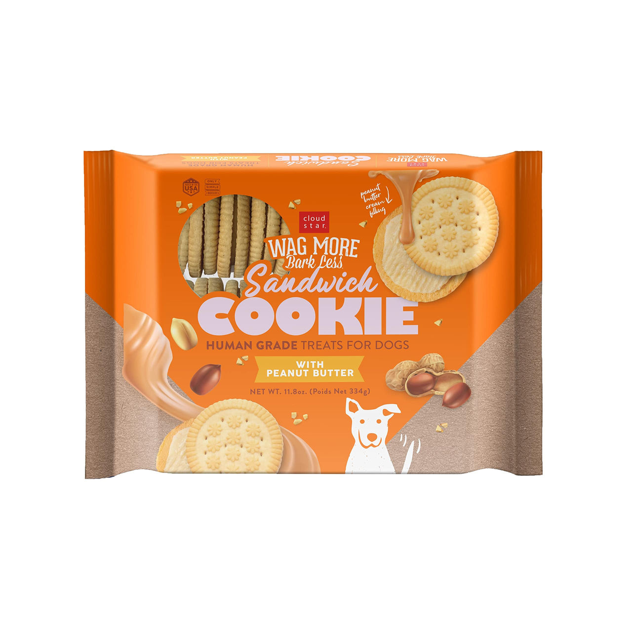 Cloud Star Wag More Bark Less Human Grade Sandwich Cookie Treats for Dogs, Peanut Butter 11.8 oz