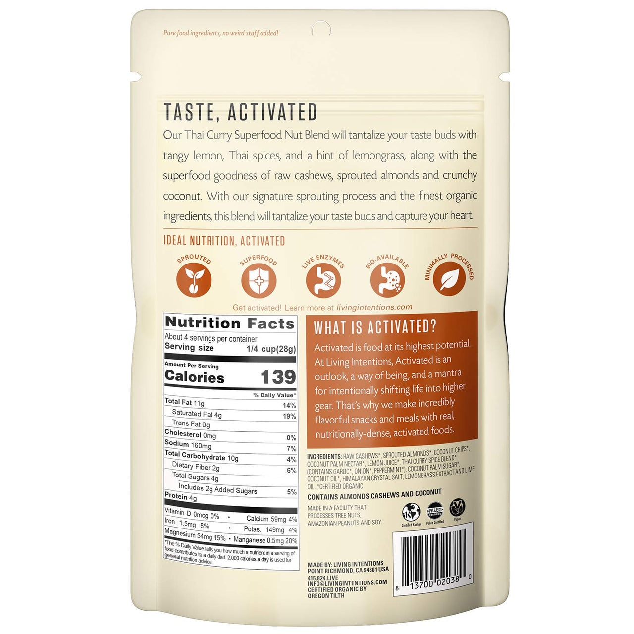 Living Intentions Sprouted Organic Nut Blend Thai Curry NonGMO  Gluten Free  Vegan  Paleo  Kosher  4 Ounce Unit