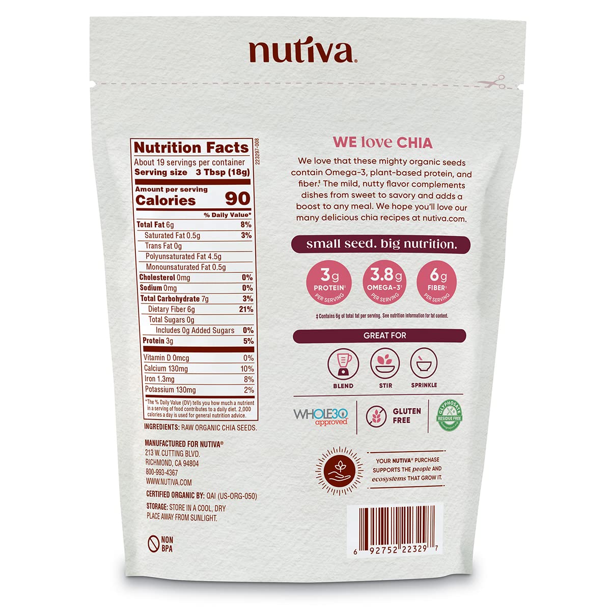 Nutiva Organic Premium Raw Ground Chia Seeds, 12 Oz, USDA Organic, Non-GMO, Whole 30 Approved, Vegan, Gluten-Free & Keto, Nutrient-Dense Seeds with 3g Protein & 5g Fiber for Salads, Yogurt & Smoothies