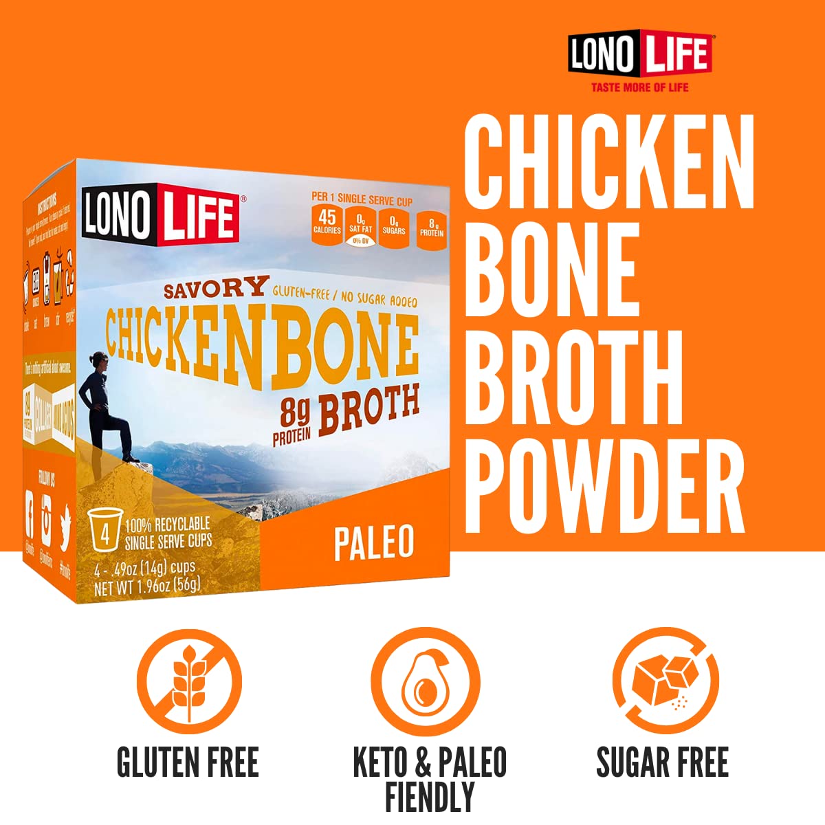 LonoLife - Chicken Bone Broth Single Serve Cups - 8g Collagen Protein - Grass-Fed, Gluten-Free - Keto & Paleo Friendly - 4 count