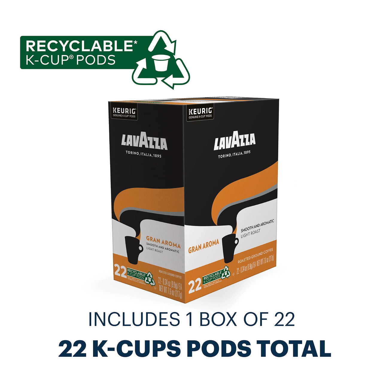 Lavazza Gran Aroma Single-Serve Coffee K-Cup Pods for Keurig Brewer, 22 Count, Balanced light roast with floral aroma and notes of citrus, 100% Arabica