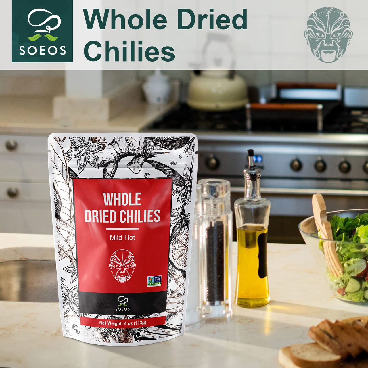 Soeos Whole Dried Chilies 4 oz, Mild Spicy Chili Peppers, Red Chili Pepper, Natural, Premium and Dry Sichuan Chile Peppers, Sichuan Pepper, Dried Peppers  Great for Mexican Recipes