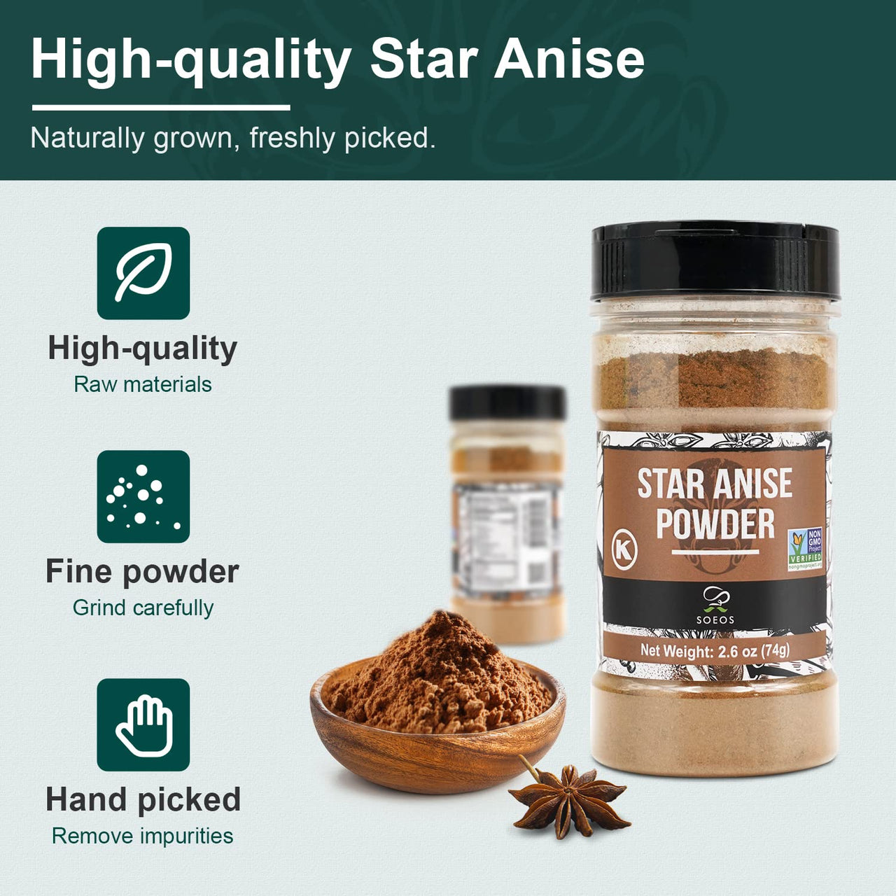 Soeos Chinese Star Anise Powder 2.6 oz (74g), Ground Chinese Star Anise Seeds, Dried Anise Star Spice, Star Anise Bulk, Anise Star. Non-GMO Verified, Great for Baking and Tea, Anis Estrella., Brown