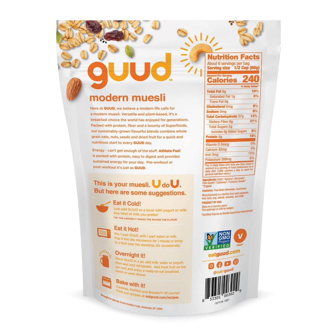 GUUD Athlete Fuel Active Life Blend Organic Muesli Cereal, 12 Ounce, Versatile Oatmeal Alternative, Oats, Raisins, Almonds, Flax Seeds, Cashews, Pumpkin Seeds, Vegan, Non-GMO
