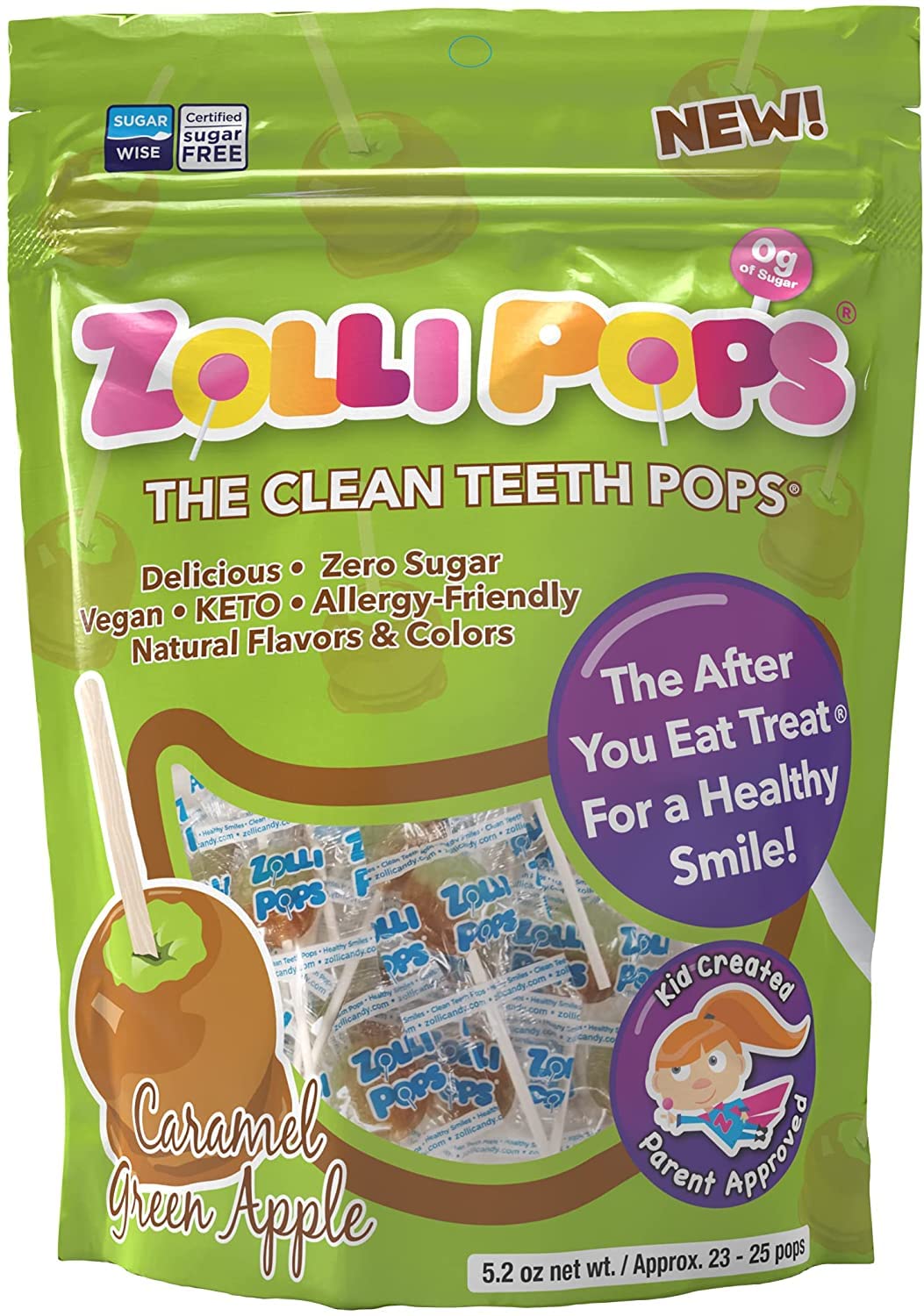 Zollipops Caramel & Green Apple, 10.4oz, Sugar-free, Allergy-free, Vegan, KETO & Diabetic Friendly, Clean Teeth Candy