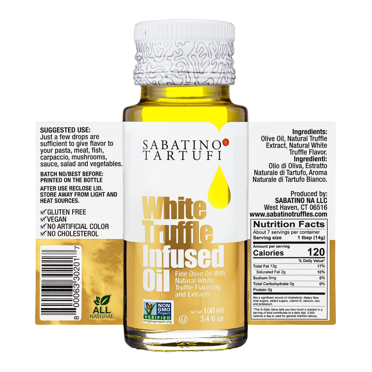 Sabatino Tartufi White Truffle Infused Olive Oil - All Natural, Made From White Truffles, Vegan, Vegetarian, Kosher, Non-Gmo Project Verified, 3.4oz