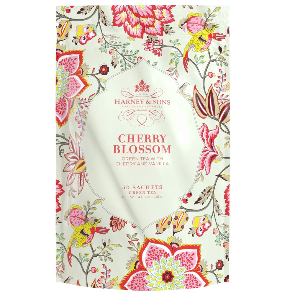 Harney & Sons Blossom Bag of Sachets Green Tea wCherry and Vanilla, Cherry, 50 Count