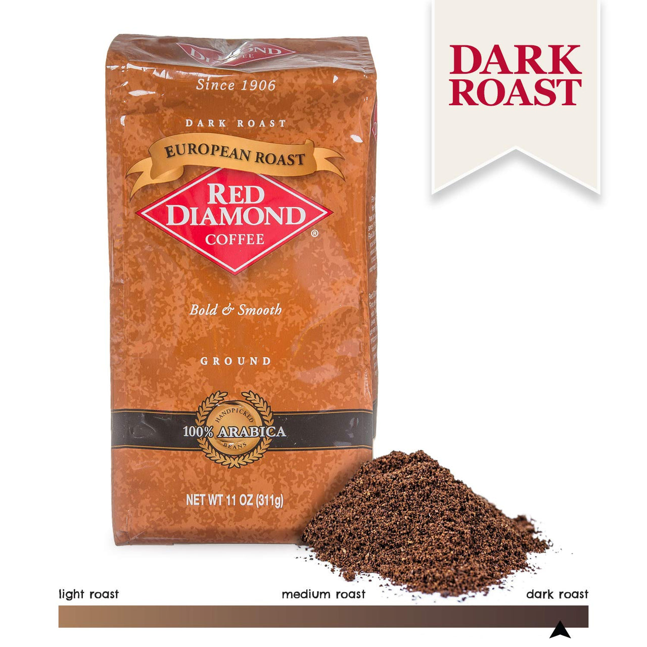 Red Diamond Ground Coffee, Dark European Roast, Premium Arabica Beans, Bold & Smooth Flavor, 11 Ounce Resealable Bag