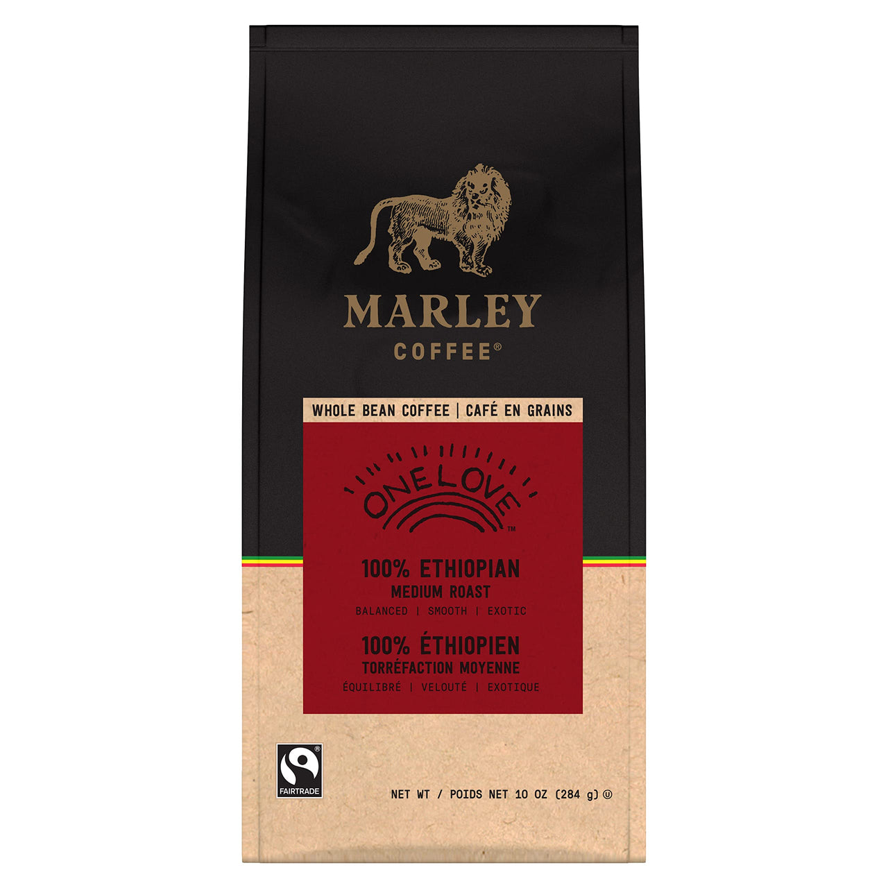 Marley Coffee One Love 100% Ethiopian Wholebean Coffee, Medium Roast, 10 Ounces