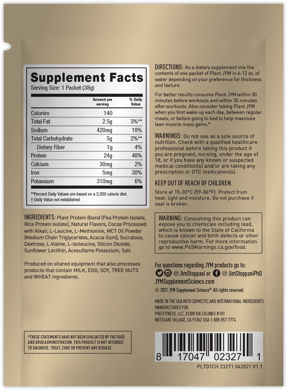 Plant JYM Chocolate Hazelnut Grab N' Go Dairy Free Plant Protein for Recovery, 5g BCAA, Lactose Free, Gluten Free for Men & Women, 8 Single Servings