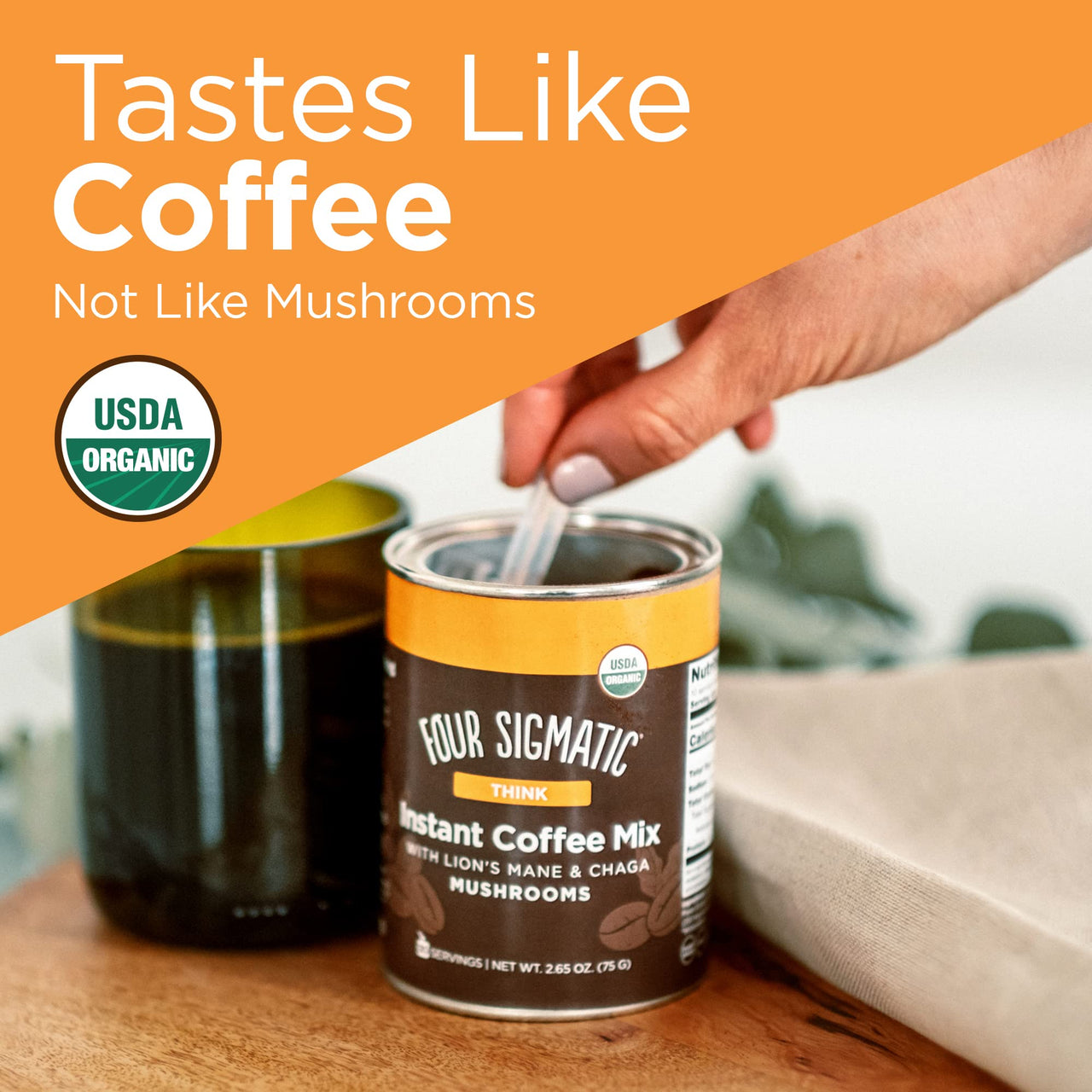 Organic Instant Coffee Powder by Four Sigmatic | Arabica Instant Coffee with Lion's  Mane, Chaga and Rhodiola | Mushroom Coffee Instant Mix for Better Focus and Immune Support | 30 Serving Canister