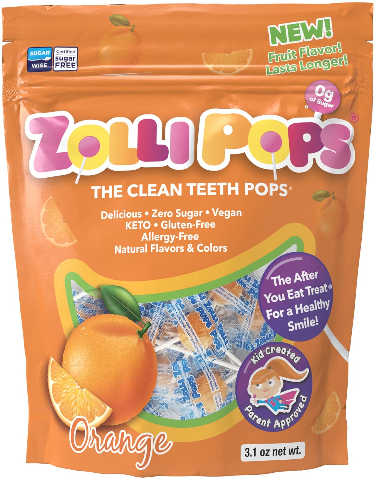 Zollipops Clean Teeth Lollipops AntiCavity Sugar Free Candy with Xylitol for a Healthy Smile Great for Kids Diabetics and Keto Diet 3.1oz, Orange, 15 Count