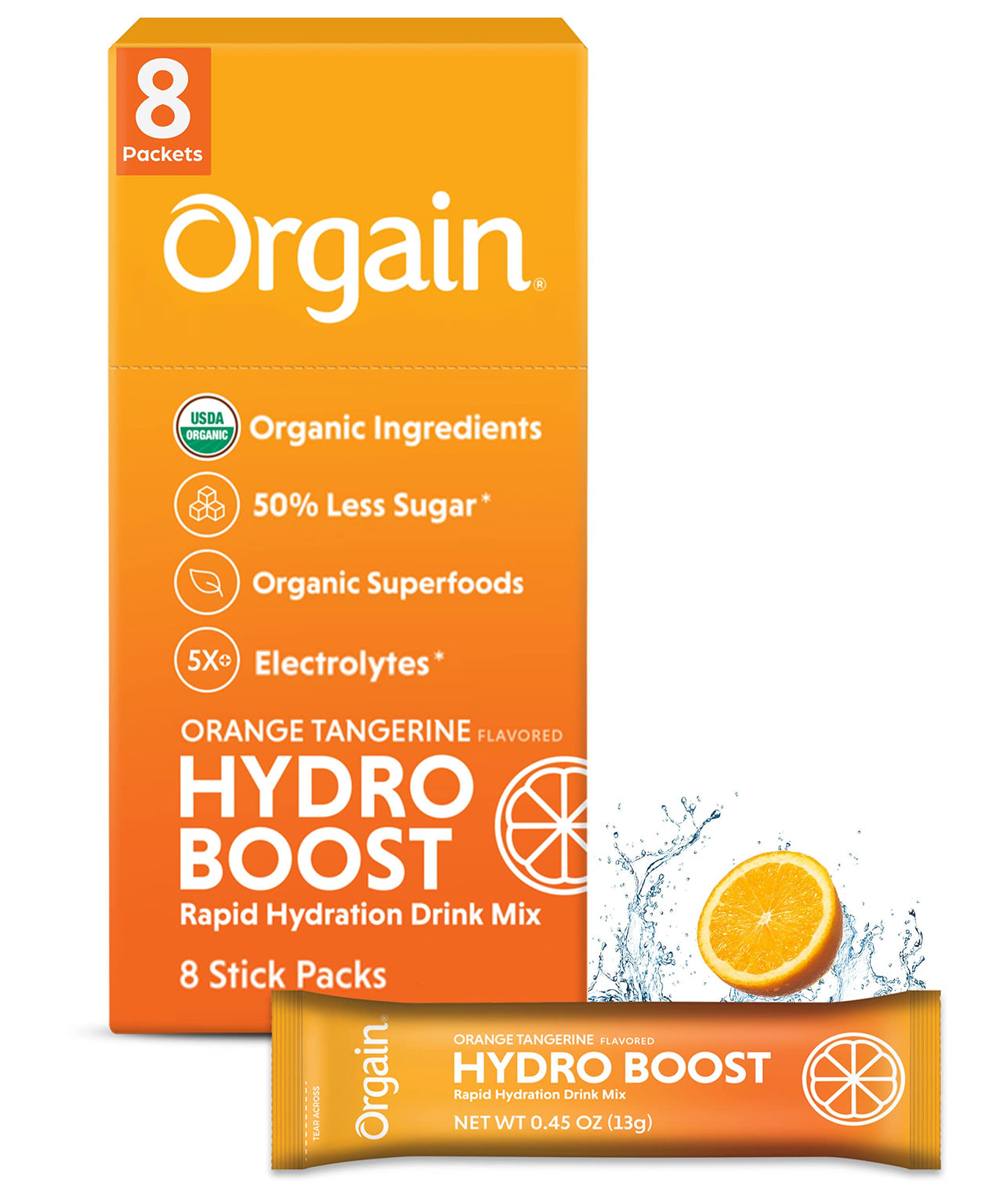 Organic Rapid Hydration Packets by Orgain, Orange Tangerine Hydro Boost - With Electrolytes & Superfoods, Less Sugar, Gluten Free, Vegan, No Soy Ingredients or Artificial Flavors, Non-GMO (Pack of 8)