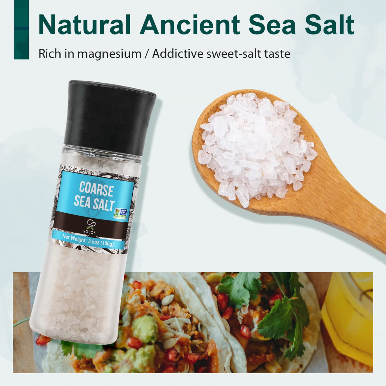 Soeos Black Peppercorns + White Sea Salt + Rainbow Peppercorns + Pink Salt, 9.8oz(277.82g) Spice Total, Plastic Bottle Grinder with Spice Included, Salt and Pepper Set, Grinder Set, Spice Set.