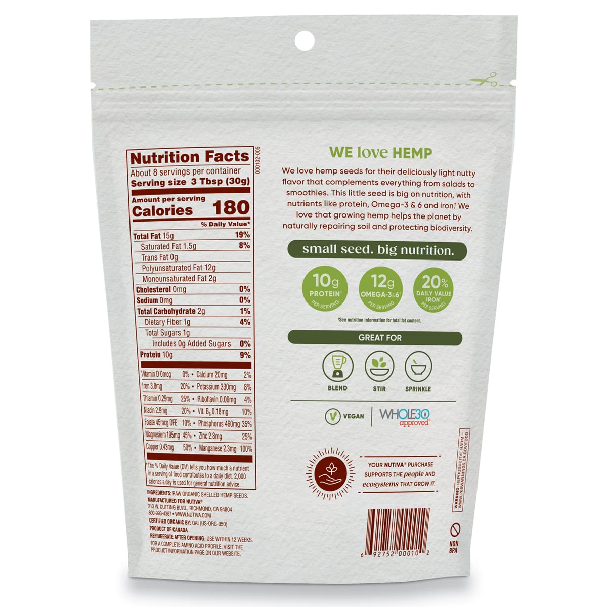 Nutiva Organic Raw Shelled Hemp Seed, USDA, Non-GMO, Non-BPA, Whole 30 Approved, Vegan, Gluten-Free & Keto, 10g Protein and 12g Omegas per Serving for Salads, Smoothies & More, Nutty flavor, 8 Ounce