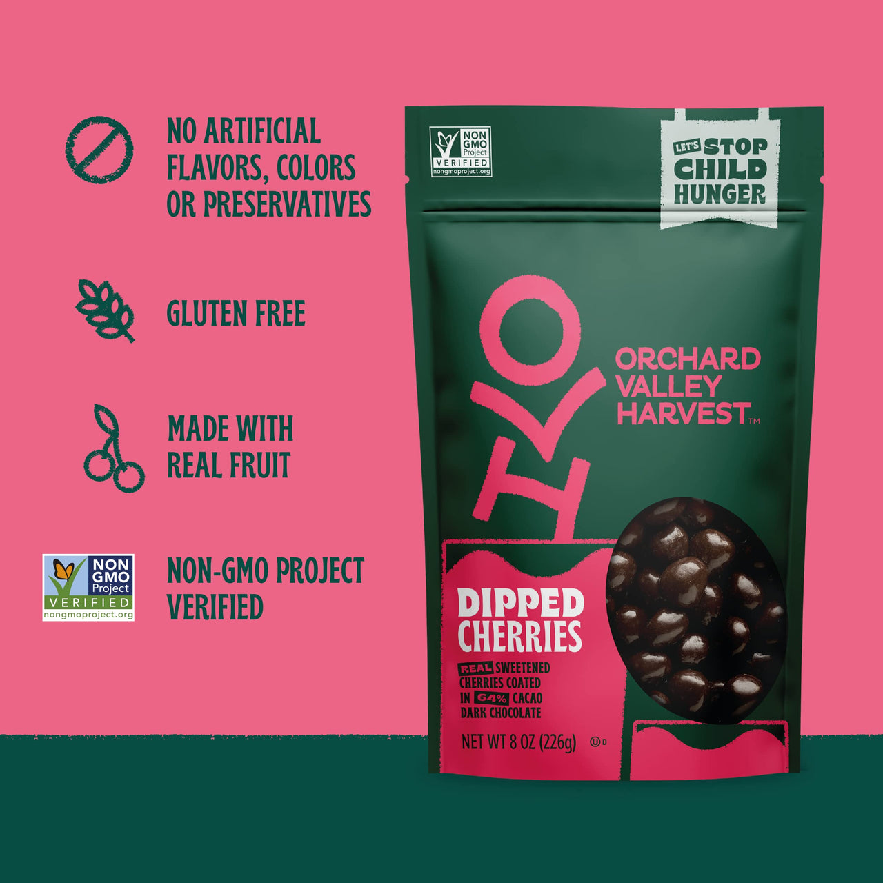 Orchard Valley Harvest Dark Chocolate Dipped Cherries, 1 Pack (8oz), Made With Real Sweetened Cherries, Gluten Free, Non-GMO, Stand Up Bag