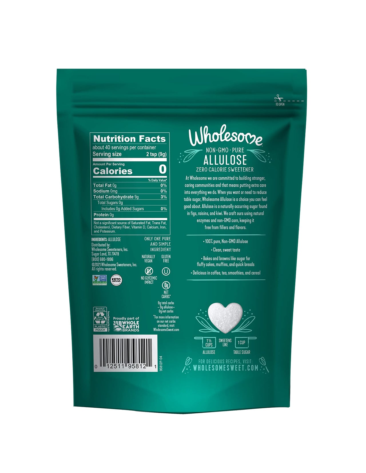 Wholesome Sweeteners Allulose Zero Calorie Granulated Sweetener, No Glycemic Impact, Non GMO, Gluten Free & Vegan, 12 oz (Pack of 1)