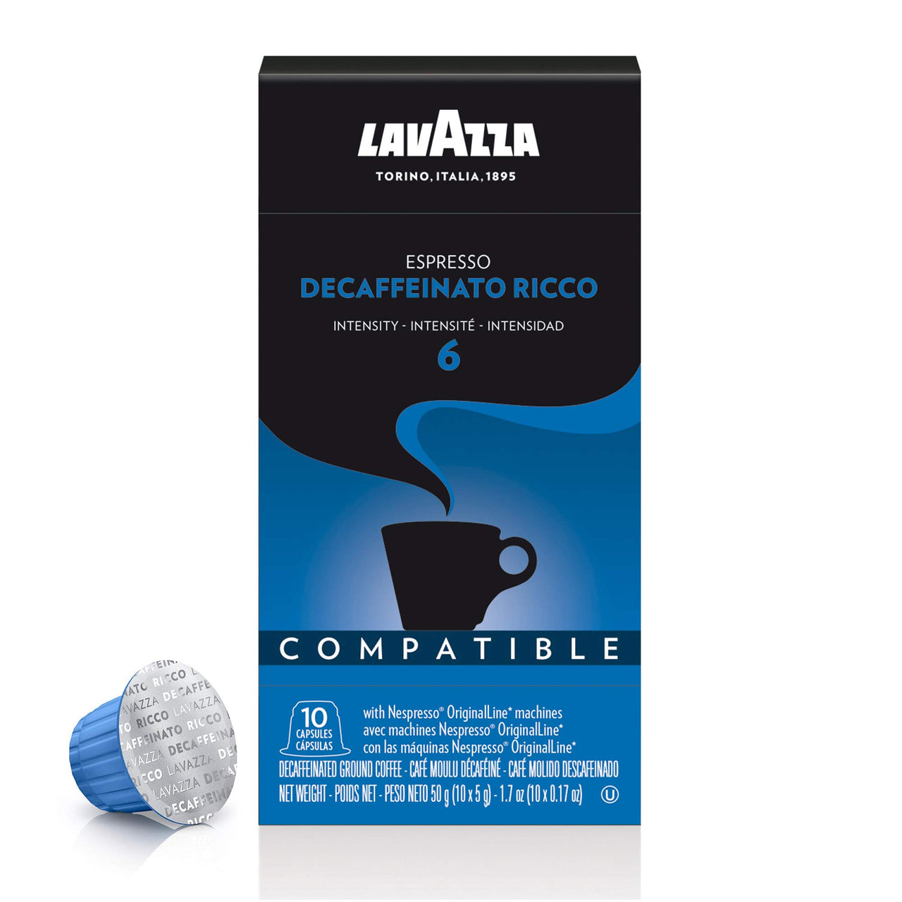 Lavazza Premium Coffee Corp Nespresso OriginalLine Compatible Capsules, Espresso Decaffeinato Ricco, Dark Roast Coffee, 10 Ct (Pack of 2)