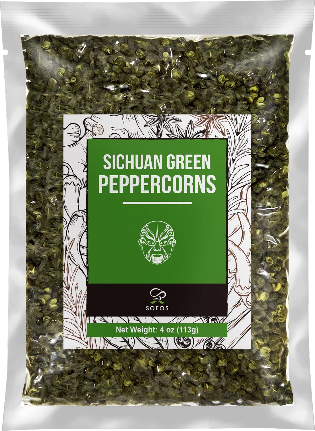 Soeos Authentic Sichuan Grade A Green Sichuan Peppercorns, Less Seeds, Strong Flavor, 4 oz.