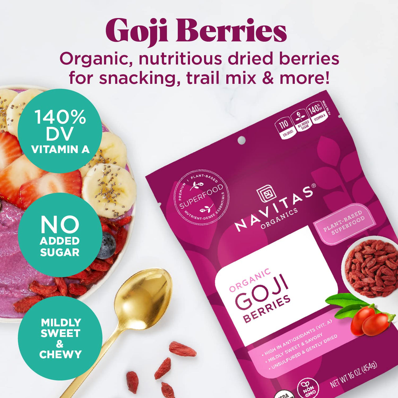 Navitas Organics Goji Berries, 4 oz. Bag, 4 Servings - Organic, Non-GMO, Sun-Dried, Sulfite-Free