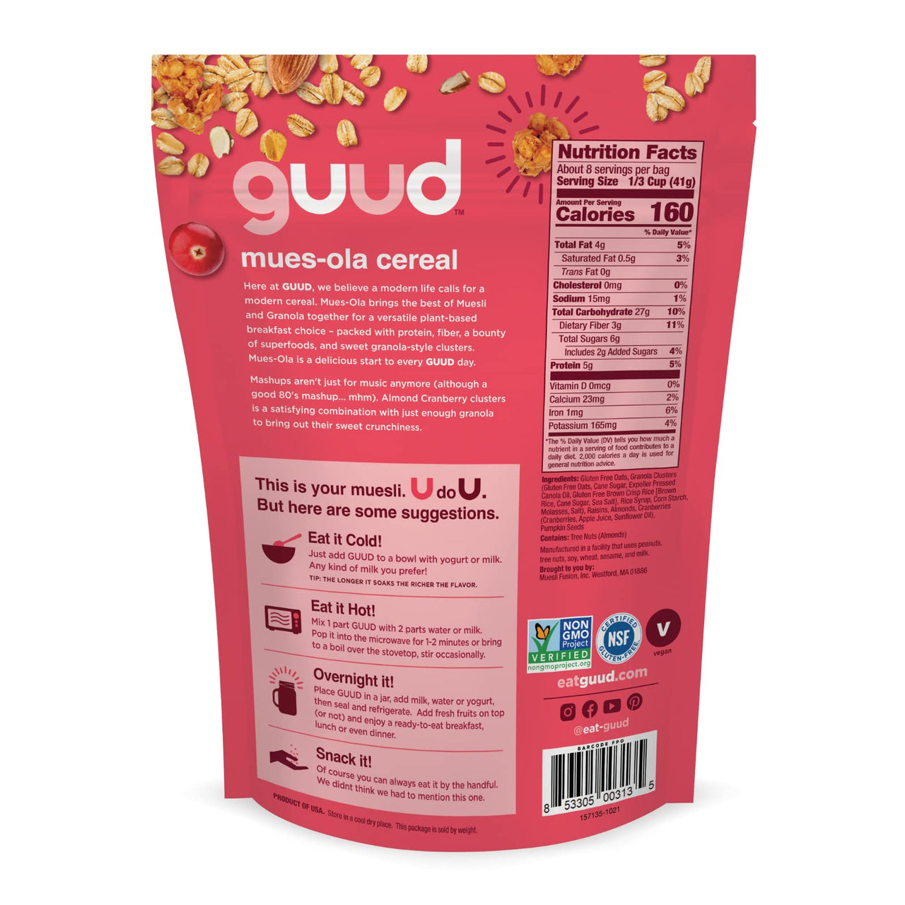 GUUD Almond Cranberry Muesola Cereal, 12 Ounce, Slightly Sweet Muesli, Gluten Free, Oats, Granola Clusters, Raisins, Almonds, Cranberries, Pumpkin Seeds, Vegan, Non-GMO Certified, Kosher
