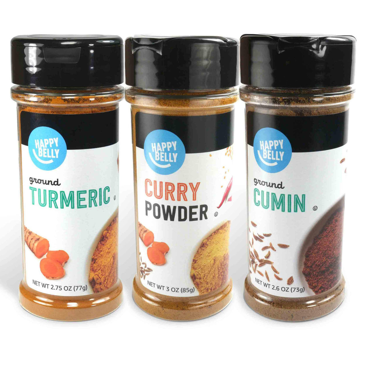 Happy Belly Indian Curry Spices Set: Curry Powder, Turmeric, Cumin