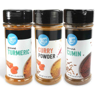 Happy Belly Indian Curry Spices Set: Curry Powder, Turmeric, Cumin