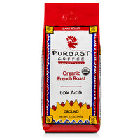 Puroast Low Acid Coffee Ground Organic French Roast, Dark Roast, Certified Low Acid Coffee, pH 5.5+, Gut Health, 12 oz., Higher Antioxidant, Smooth for Espresso, Iced Coffee