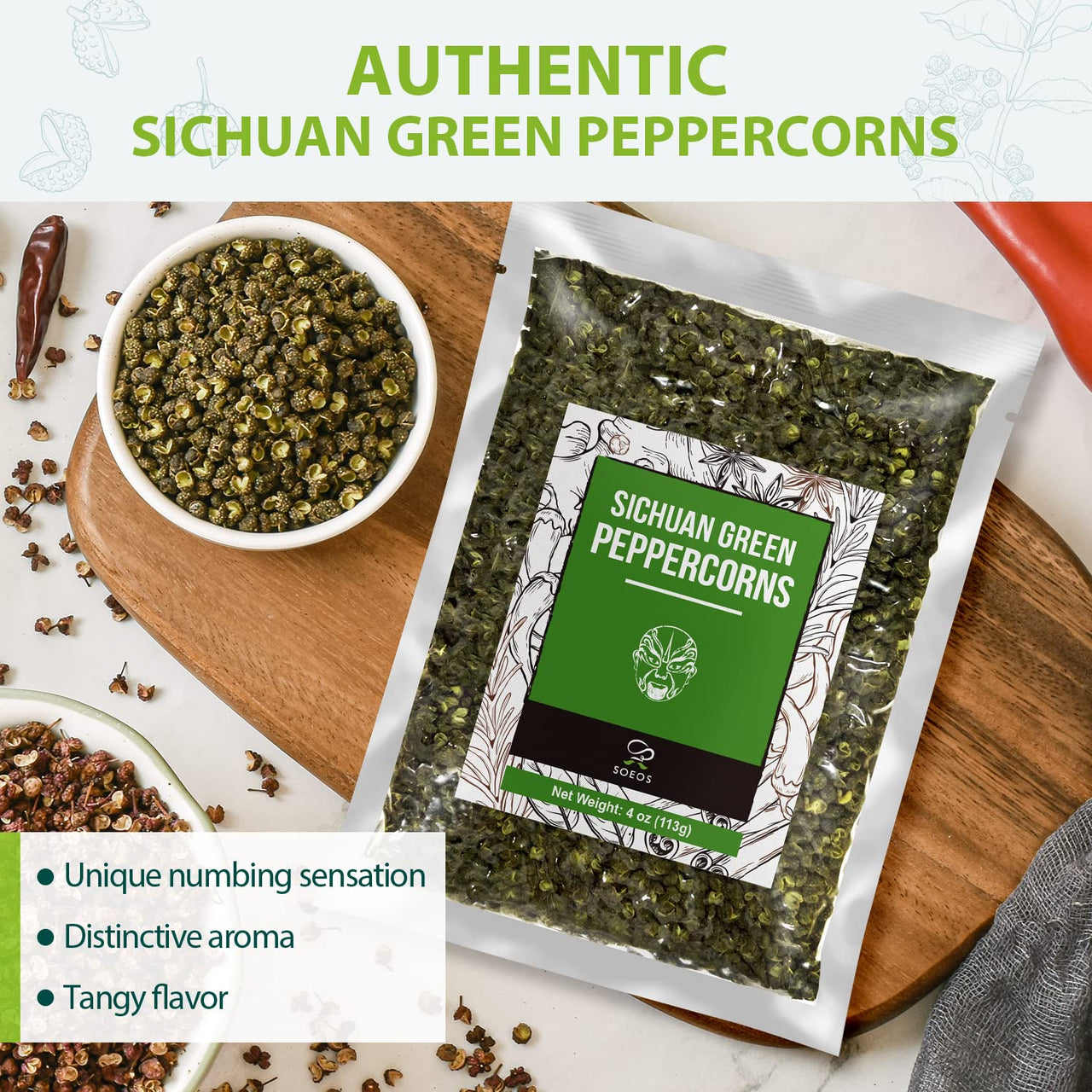 Soeos Authentic Sichuan Grade A Green Sichuan Peppercorns, Less Seeds, Strong Flavor, 4 oz.