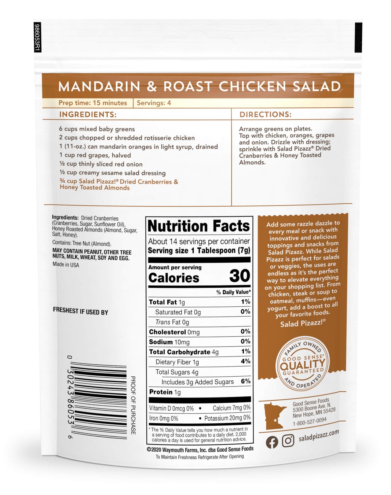 Salad Pizazz! Almond Toppings, Honey Roasted with Cranberries - Snack Mix and Salad Topping - 3.5 Ounce (3.5 OZ) Resealable Bag(Package May Vary)