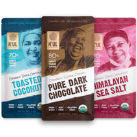 K'UL Chocolate Bars | 3 Pack Pure Dark Chocolate + Himalayan Sea Salt + Toasted Coconut Dark Chocolate | Organic, Vegan Chocolate, Gluten Free, Soy Free, Non-GMO, Bean-to-Bar, Fair Trade Dark Chocolate