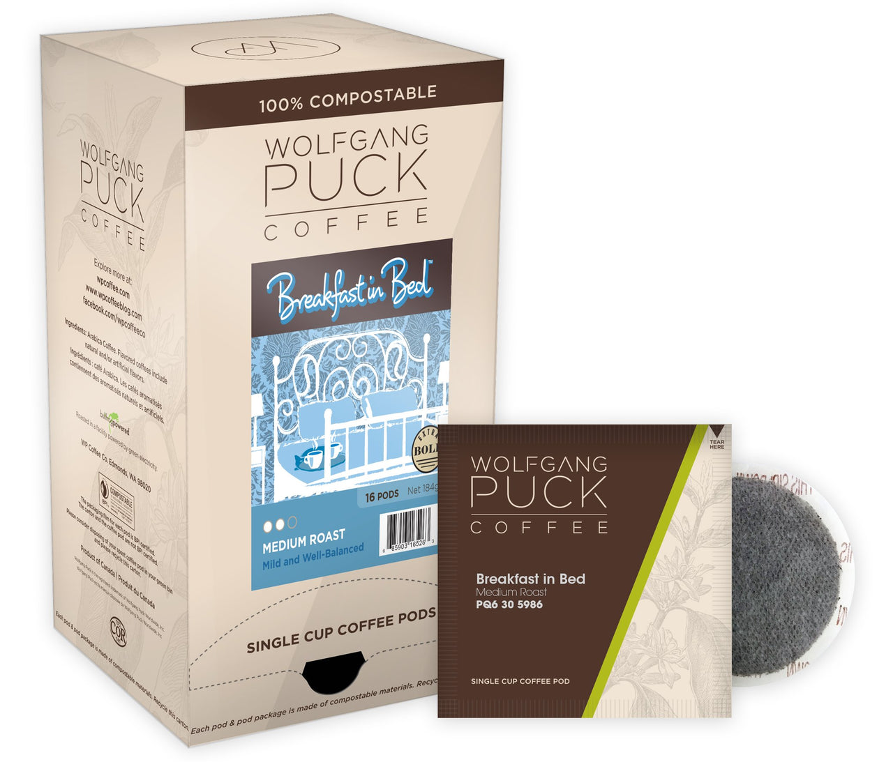 Wolfgang Puck Coffee, Breakfast in Bed Pods, 12 Gram Pods, 16 count