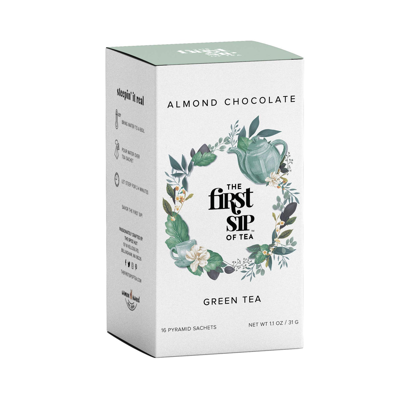Almond Chocolate Green Tea, Pyramid Sachet Tea Bags, Dark Chocolate & Almond, Caffeinated, Hot & Iced Tea - 16 Cups | The Spice Hut, First Sip of Tea