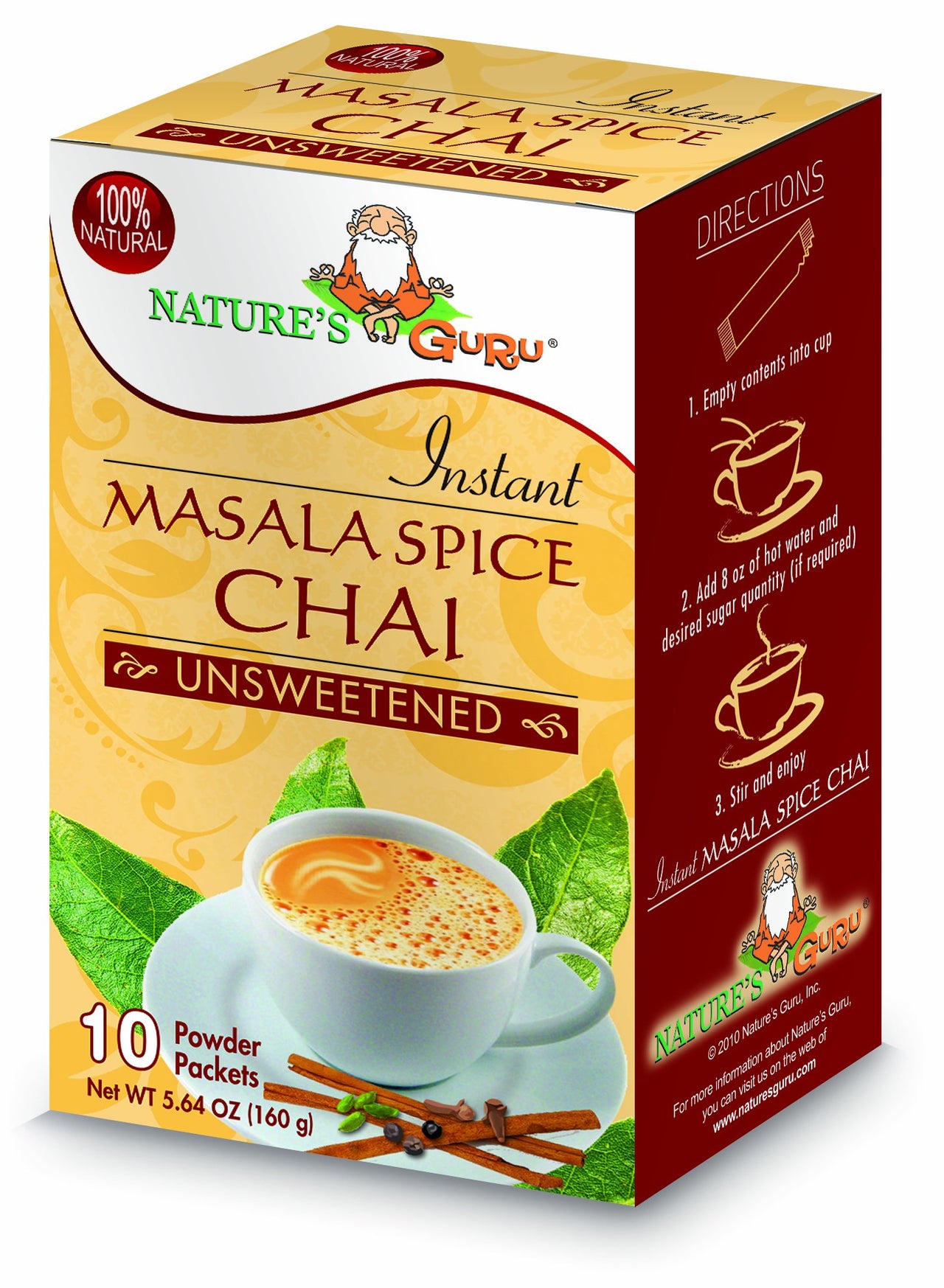 Nature's  Guru Instant Masala Spice Chai Tea Drink Mix Unsweetened 10 Count Single Serve On-the-Go Drink Packets, 5.64 Ounce (Pack of 1) (MCU_FBA)