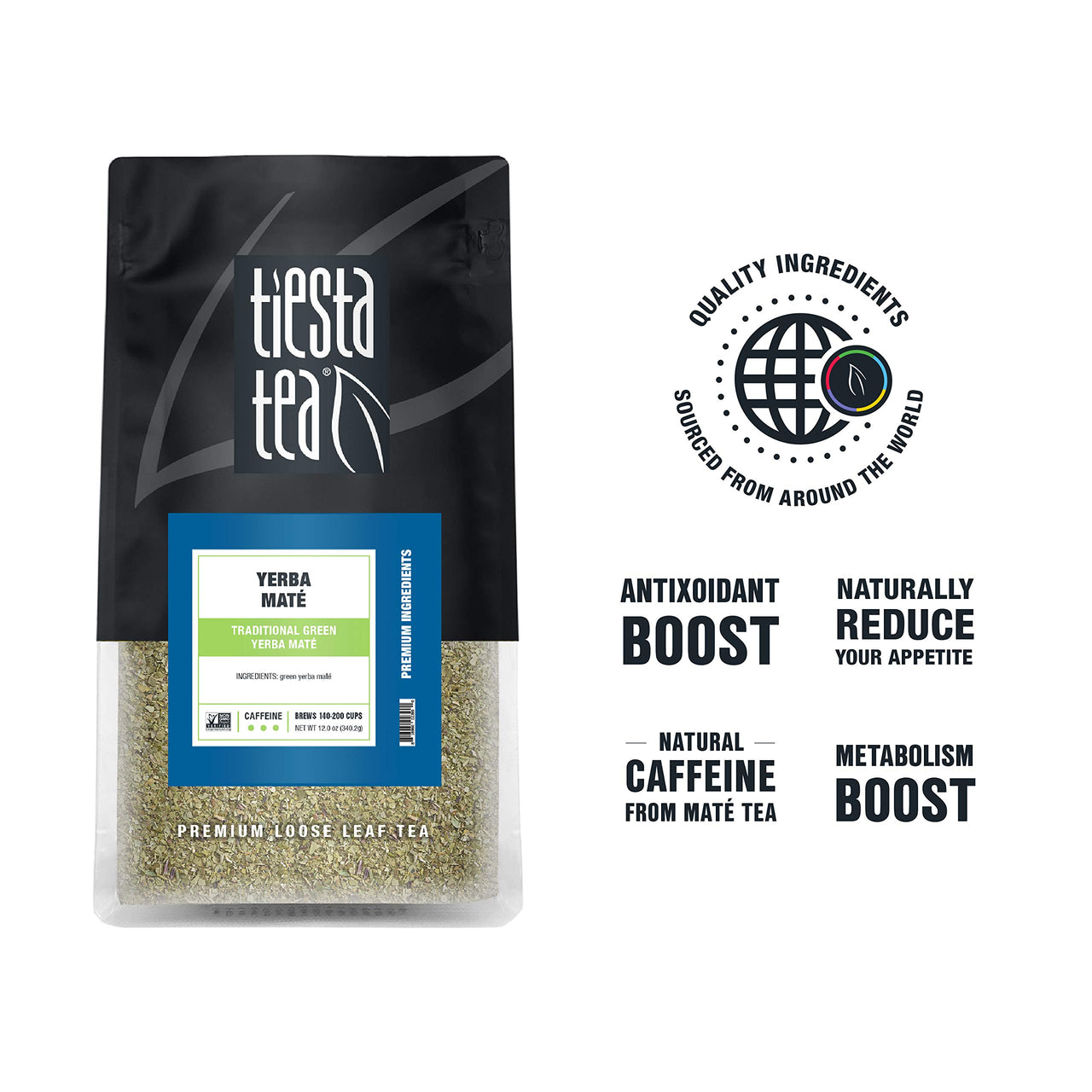 Tiesta Tea Yerba Mate 12oz Bulk Bag - Traditional Loose Leaf Green Mat Tea, High Caffeine, Hot & Ice Tea, 200 Cups, Natural Flavors, No Artificials, Premium Loose Leaf Tea