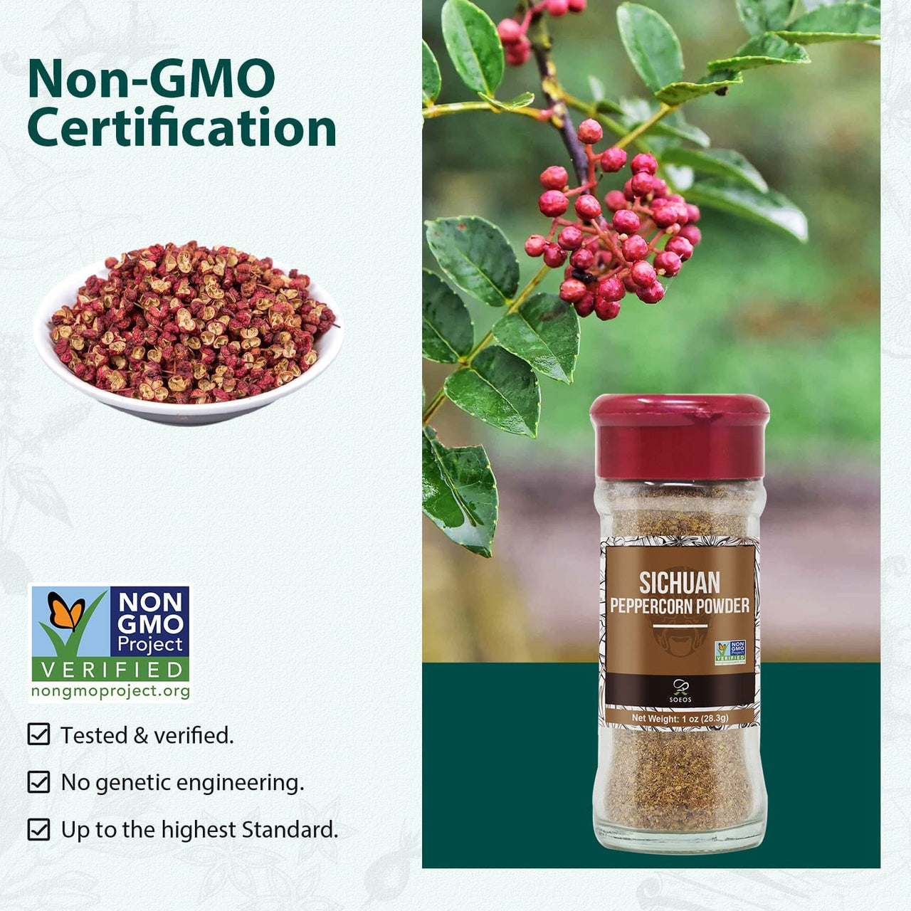 Soeos Sichuan Peppercorn Powder 1oz (28.3g), Non-GMO Verified, Szechuan Peppercorn Powder, Ground Sichuan Green Peppercorns, Green Sichuan Peppercorn Powder, Mapo Tofu Essential Ingredient.