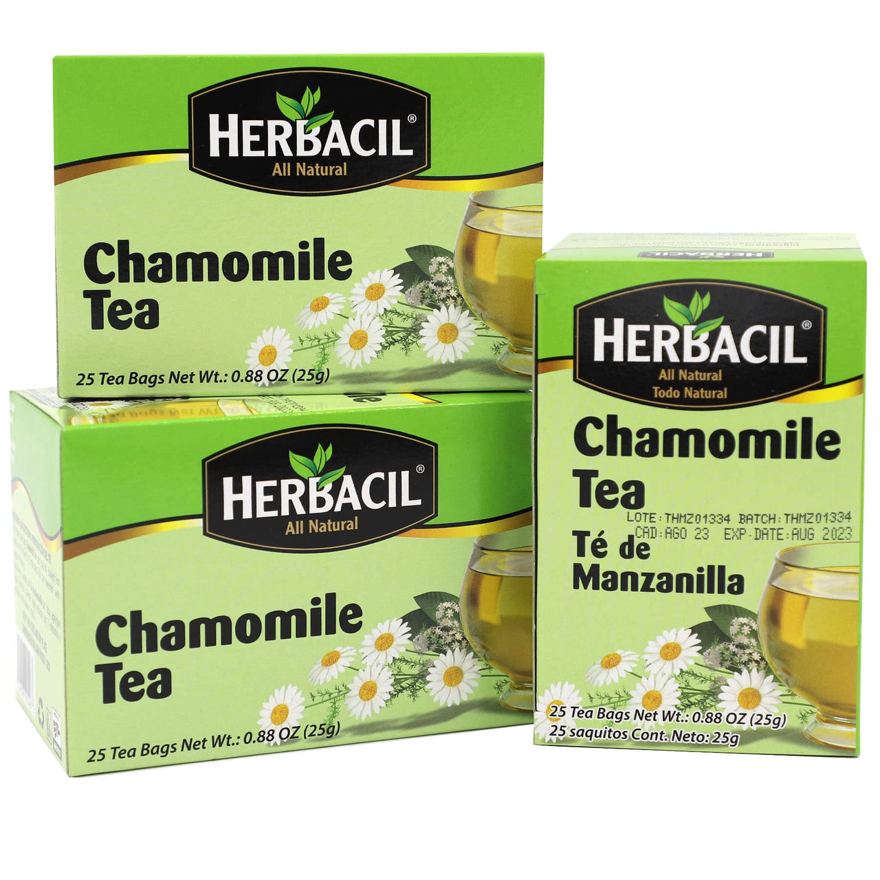 Herbacil Chamomile Tea, Made with Chamomile Flowers, Caffeine-Free, 3-pack of 25 bags per box (75 Tea Bags)