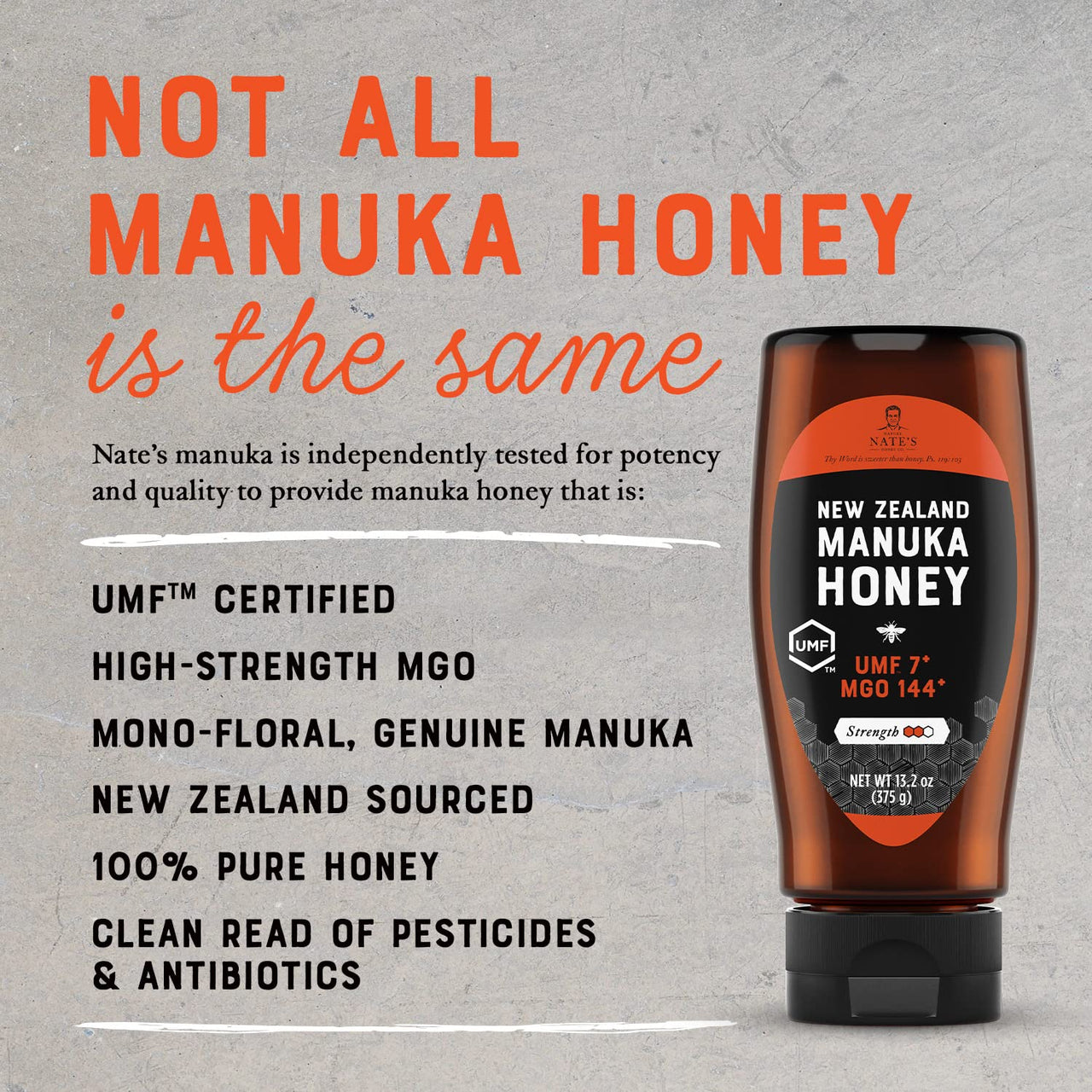 Nature Nate's  Manuka Honey UMF Certified 7+ | MGO 144+ - New Zealand Manuka Honey - All-Natural Sweetener, 13.2 oz Squeeze Bottle