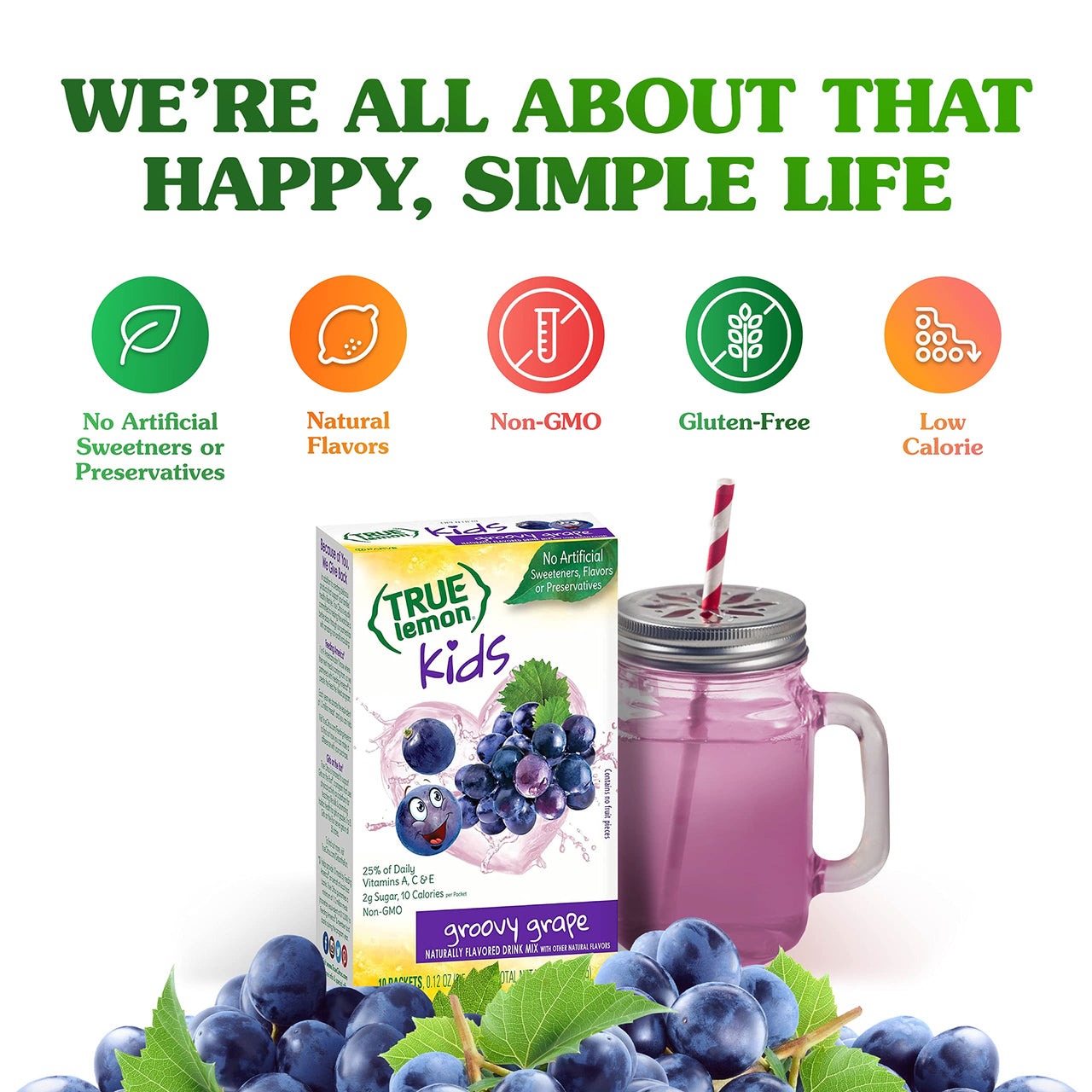 TRUE LEMON KIDS Groovy Grape (10 Packets) - Hydration for Kids - No Preservatives, No Artificial Flavors, No Artificial Sweeteners - Low Sugar Water Flavoring - Drink Mix for Kids - Kids Juice Powdered Drink Mix