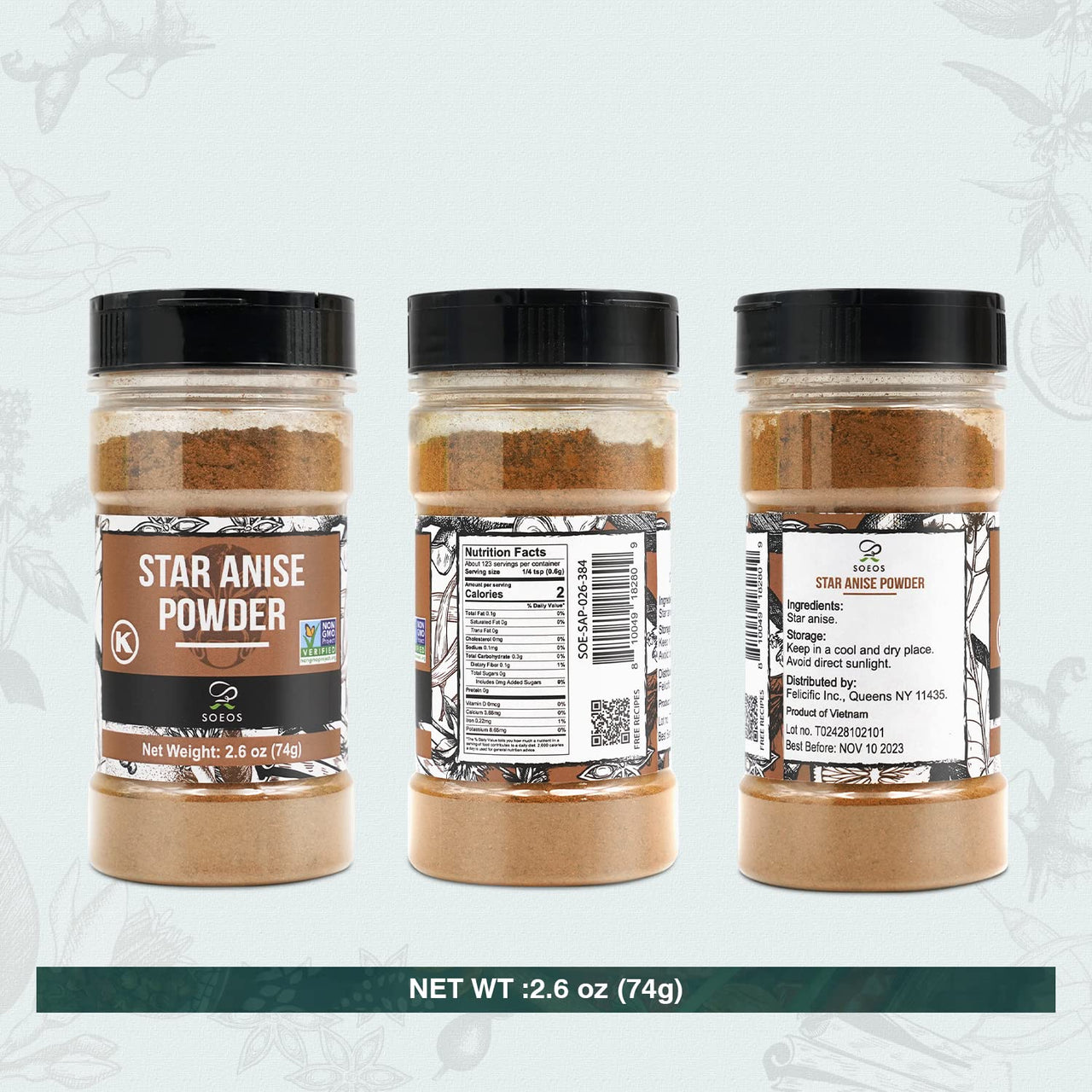 Soeos Chinese Star Anise Powder 2.6 oz (74g), Ground Chinese Star Anise Seeds, Dried Anise Star Spice, Star Anise Bulk, Anise Star. Non-GMO Verified, Great for Baking and Tea, Anis Estrella., Brown