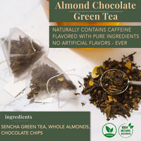 Almond Chocolate Green Tea, Pyramid Sachet Tea Bags, Dark Chocolate & Almond, Caffeinated, Hot & Iced Tea - 16 Cups | The Spice Hut, First Sip of Tea