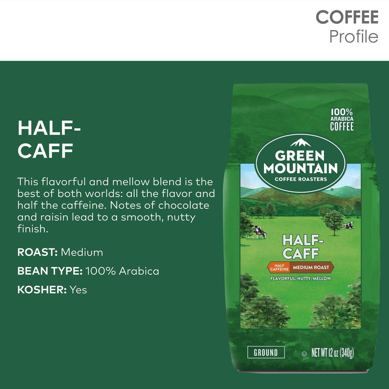 Green Mountain Coffee Half Caff Keurig Single-Serve K Cup Pods, Medium Roast Coffee, Bagged 12oz., Half Caff, 12 Oz