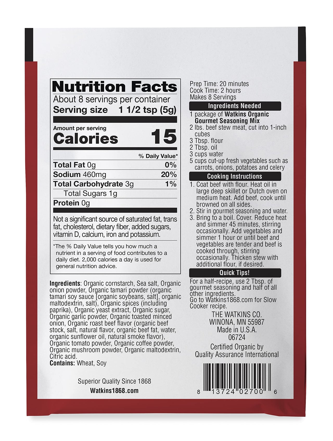 Watkins Organic Gourmet Seasoning Mix, Beef Stew, 1.5 Oz. Pouch, 1 Count