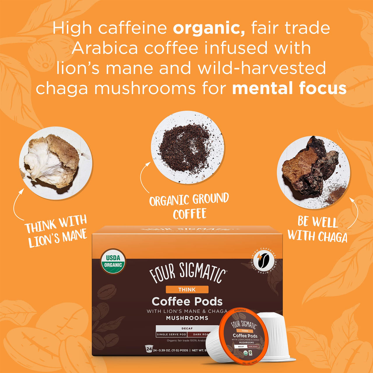 THINK Coffee with Lion's  Mane & Chaga Mushrooms Decaf Pods - Box (24-count)