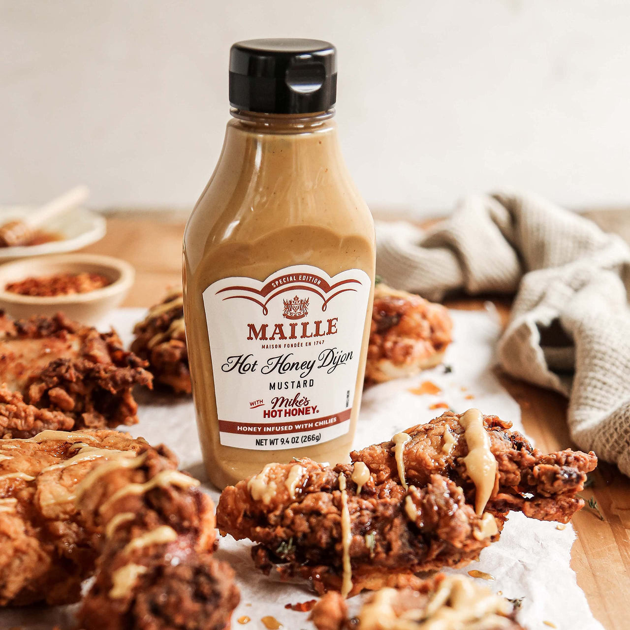 Maille x Mike's  Hot Honey Special Edition Savory-Sweet Condiment with a Spicy Kick Hot Honey Dijon Mustard Gluten-Free, Shelf-Stable 9.4oz